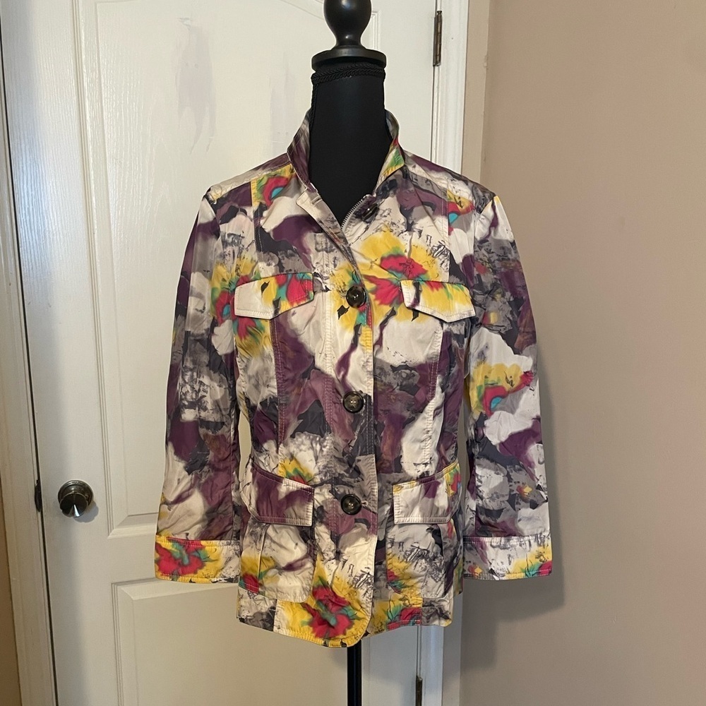 Vintage Floral Nylon Jacket Pockets Zip Button Size 46 (10) Colorful Elegant
